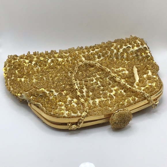 Vintage Richere Sequin Bead Gold Beaded Clutch Small Evening Bag - Picture 1 of 8